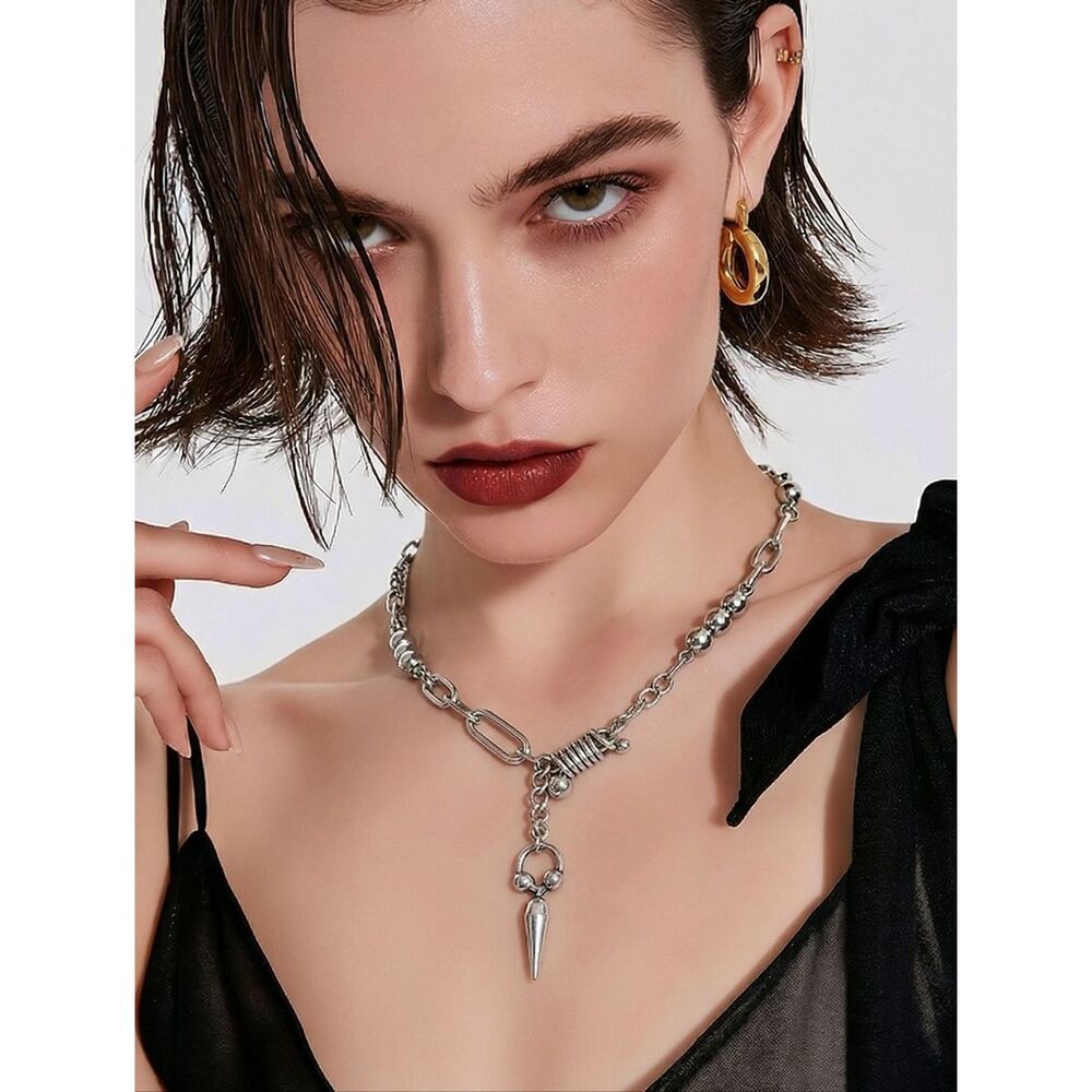 Stainless Steel Layered Chain Necklace Spike Rivet Statement Silver Streetwear